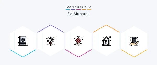 Eid Mubarak Filledline Icon Pack Including Pray Mosque Ribbon Hanging — Image vectorielle