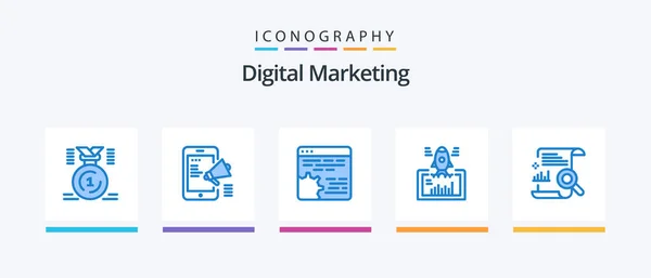 Digital Marketing Blue Icon Pack Including Website Launch Mobile App — 스톡 벡터