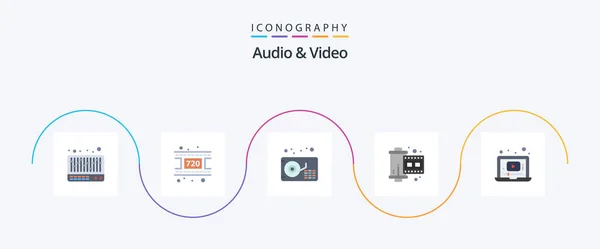 Audio Video Flat Pictogrampakket Inclusief Muziek Een Video Haspel — Stockvector