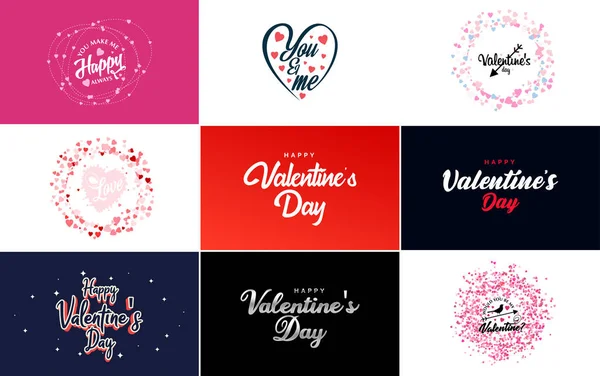 Happy Valentine Day Typography Design Watercolor Texture Heart Shaped Wreath — Vector de stock