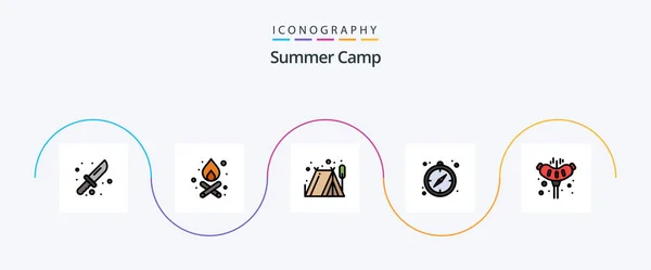 Summer Camp Line Filled Flat Icon Pack Including Sausage Outdoor — Stock vektor