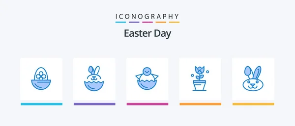 Velikonoční Modrá Icon Pack Včetně Bynny Rostlina Vejce Velikonoce Šťastný — Stockový vektor