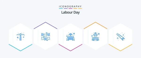 Labour Day Blue Icon Pack Including Hand Worker Cap Construction — Stok Vektör