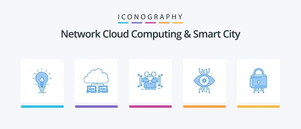 Network Cloud Computing Och Smart City Blue Icon Pack Inklusive — Stock vektor