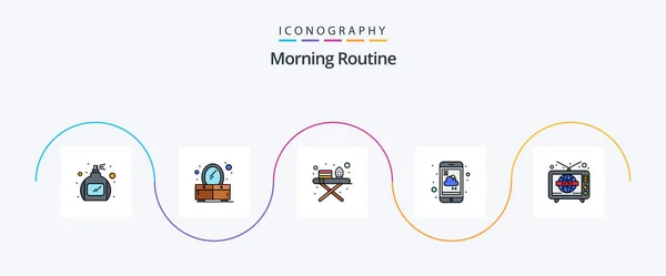 Morning Routine Line Filled Flat Icon Pack Including World Wide — 图库矢量图片