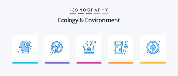 Ecology Environment Blue Icon Pack Including Leaf Pump Organic Petrol — Stockvektor