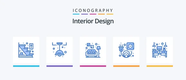 Interior Design Blue Icon Pack Including Table Desk Couch Computer — Image vectorielle