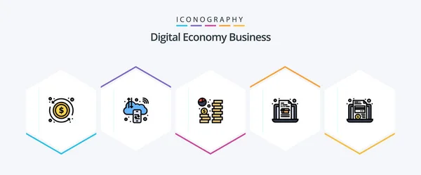 Digital Economy Business Filledline Ikona Balení Včetně Notebooku Box Internet — Stockový vektor