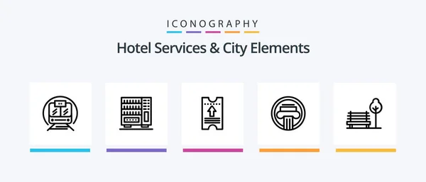 Otel Hizmetleri Şehir Elementleri Hattı Simge Paketi Halk Dahil Çekmecede — Stok Vektör