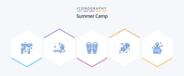 Summer Camp Blue Icon Pack Including Gas Camping Binoculars Travel — Vettoriale Stock