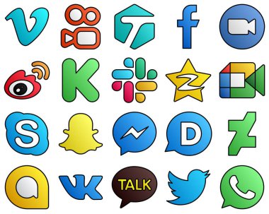 20 Modern Sosyal Medya Simgesi gevşek. kickstarter. video ve sina Doldurulmuş Satır Biçimi Simge Koleksiyonu