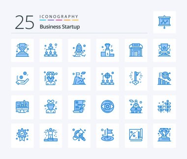 İş Başlangıcı 25 Mavi Renk ikonu paketi eğitim de dahil. Bina. Fırlat. İş. kazan