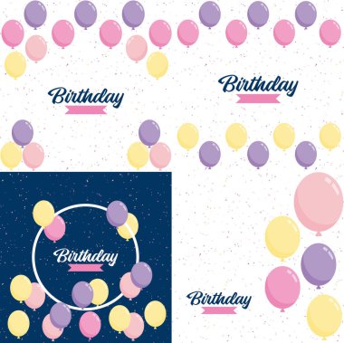 Elegant golden. blue. silver. and white balloon and cloth bunting party popper ribbonHappy Birthday celebration card banner template