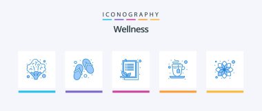 Kozmetik dahil olmak üzere Wellness Blue 5 Icon paketi. Güzellik. Kontrol listesi. Çay. Bardak. Yaratıcı Simgeler Tasarımı