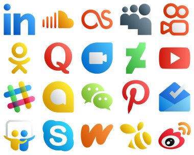 Wechat gibi popüler markalar için 20 Gradyan Sosyal Medya Simgesi. Şımartmak. Oodnoklassniki. Video ve Devitart simgeleri. Yaratıcı ve göz alıcı.