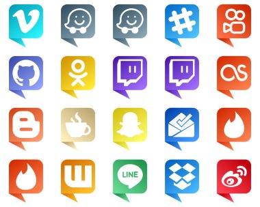 Wattpad gibi büyük sosyal medya platformlarının 20 Sohbet kabarcık stili simgesi. Gelen kutusu. lastfm. Snapchat ve yayın simgeleri. Yaratıcı ve yüksek çözünürlüklü