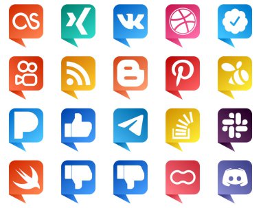 Sohbet balonu stili Sosyal Medya Simgeleri Telgraf gibi 20 paket. Blog yazarı. Facebook ve pandora ikonları. Tamamen düzenlenebilir ve eşsiz.