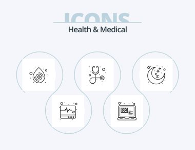 Sağlık ve Sağlık Hattı Simgesi 5 Simge Tasarımı. Spor salonu. Termometre. Yatağa. Sıcaklık. Sağlık hizmetleri