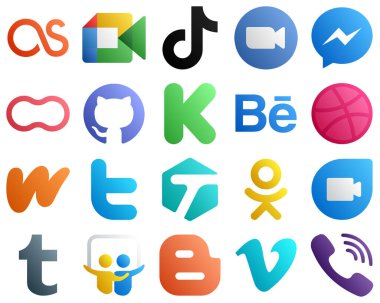 Anneler gibi büyük sosyal medya platformlarının 20 Gradyan Simgesi. FB ve Facebook simgeleri. Yaratıcı ve yüksek çözünürlüklü