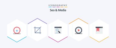 Seo ve Media 25 yassı simge paketi, seo da dahil. yer imi. Medya. Oynayın. ton