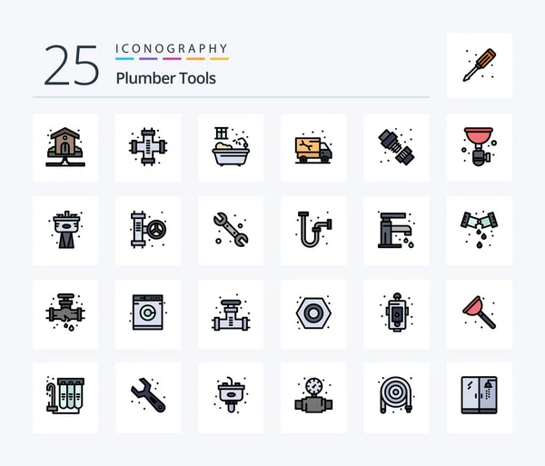 Plumber Line Filled Icon Pack Including Truck Plumber Plumbing Pipe — Wektor stockowy