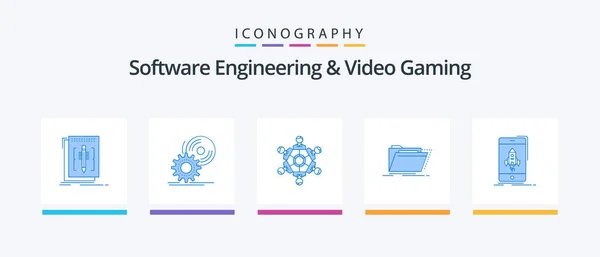 Software Engineering Video Gaming Blue Icon Pack Including Directory Archive — Vector de stock