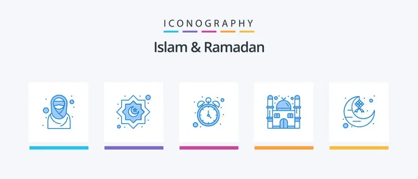Islam Ramadan Blu Pacchetto Icone Compreso Eid Mezzaluna Digiuno Ramadan — Vettoriale Stock
