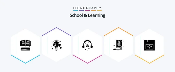 Escuela Aprendizaje Paquete Iconos Glifos Incluida Educación Globo Bombilla Web — Vector de stock