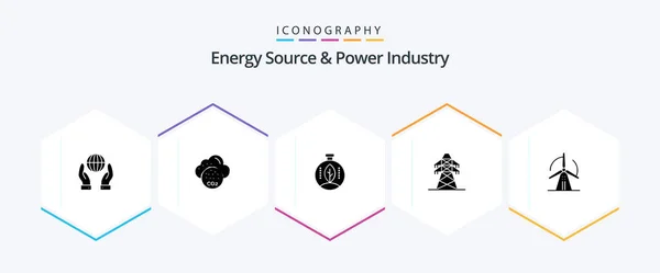 Energy Source Power Industry Glyph Icon Pack Including Energy Turbine — Stock Vector