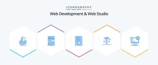 Web Development Web Studio Blue Icon Pack Including Hammer Build — Archivo Imágenes Vectoriales