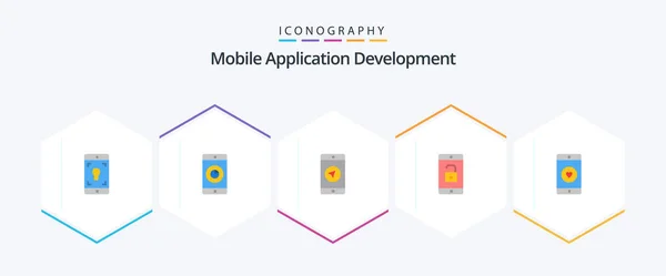 Desarrollo Aplicaciones Móviles Paquete Iconos Planos Incluyendo Móvil Desbloquea Aplicación — Archivo Imágenes Vectoriales