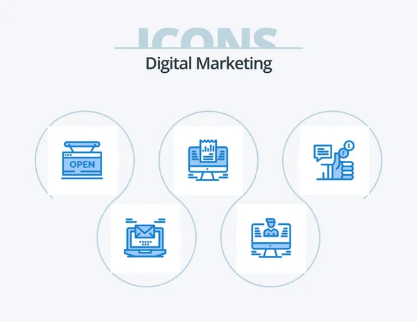 Digital Marketing Blue Icon Pack Projekt Ikony Laptop Zgłoś Się — Wektor stockowy