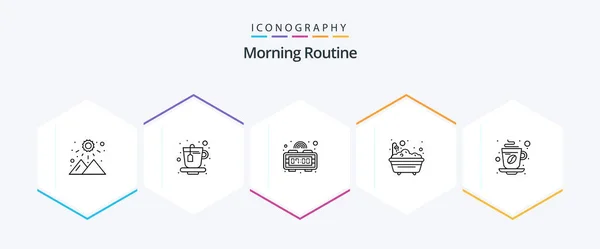 Morning Routine Line Icon Pack Including Coffee Drink Digital Clock — Vetor de Stock