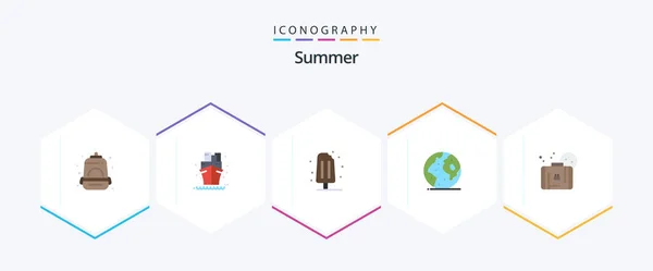 Summer Flat Icon Pack Including Bag Planet Cream International Earth — Vettoriale Stock