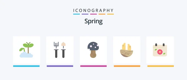 Spring Flat Icon Pack Incluyendo Flor Primavera Hongo Casa Animal — Archivo Imágenes Vectoriales