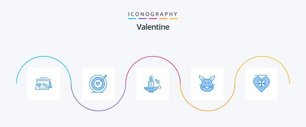 Valentine Blue Icon Pack Including Board Cute Candle Love Rabbit — ストックベクタ