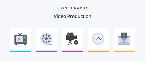 Video Production Flat Icon Pack Komplecie Mediami Wiadomość Film Zegar — Wektor stockowy