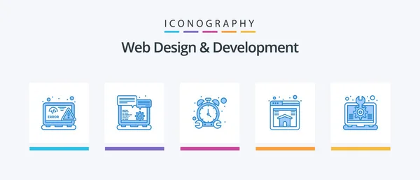 Web Design Sviluppo Blu Pacchetto Icone Compreso Creativo Pagina Opzione — Vettoriale Stock