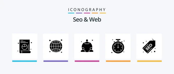 Seo Web Glyph Icon Pack Incluyendo Etiqueta Web Usuario Tiempo — Vector de stock