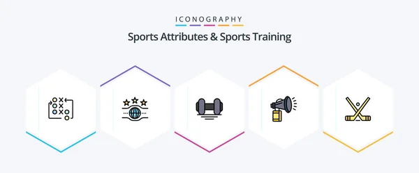 Sports Atributes And Sports Training 25 FilledLine icon pack including horn. can. sport. attribute. lift