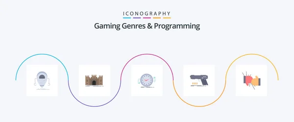 Gaming Genres Programming Flat Icon Pack Including Pistol Gun Fortress — Διανυσματικό Αρχείο