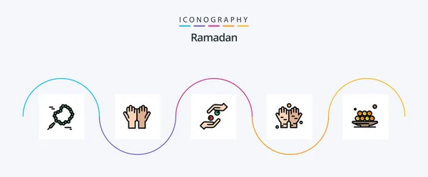 Ramadan Line Filled Flat Icon Pack Inklusive Iftar Beten Pflege — Stockvektor