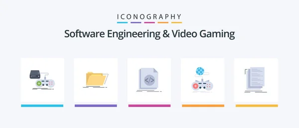 Ingeniería Software Videojuegos Flat Icon Pack Incluyendo Internet Juego Archivos — Vector de stock