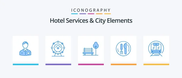 Hotel Services Och City Elements Blue Icon Pack Inklusive Snabbtåg — Stock vektor