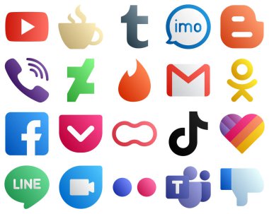 Gmail gibi büyük sosyal medya platformlarının 20 Gradyan Simgesi. Sapık karı. video ve viber ikonlar. Çok yönlü ve prim
