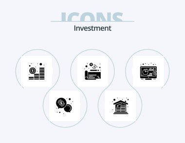 Yatırım Glifi Simgesi 5 Simge Tasarımı. Yatırım. Para için. Ev. Çek mi? para