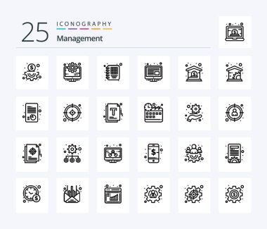 Management 25 Line icon pack including economics. dollar. diary. business. screen