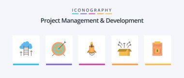 Project Management And Development Flat 5 Icon Pack Including product. launch. focus. box. promote. Creative Icons Design