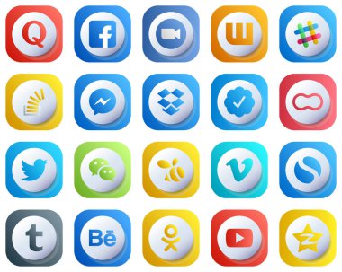 20 Cute 3D Gradient Elegant Social Media Icons such as fb. messenger. overflow and question icons. Modern and Clean
