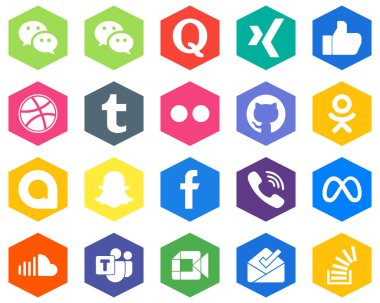 20 Versatile White Icons facebook. tumblr. snapchat and odnoklassniki Hexagon Flat Color Backgrounds